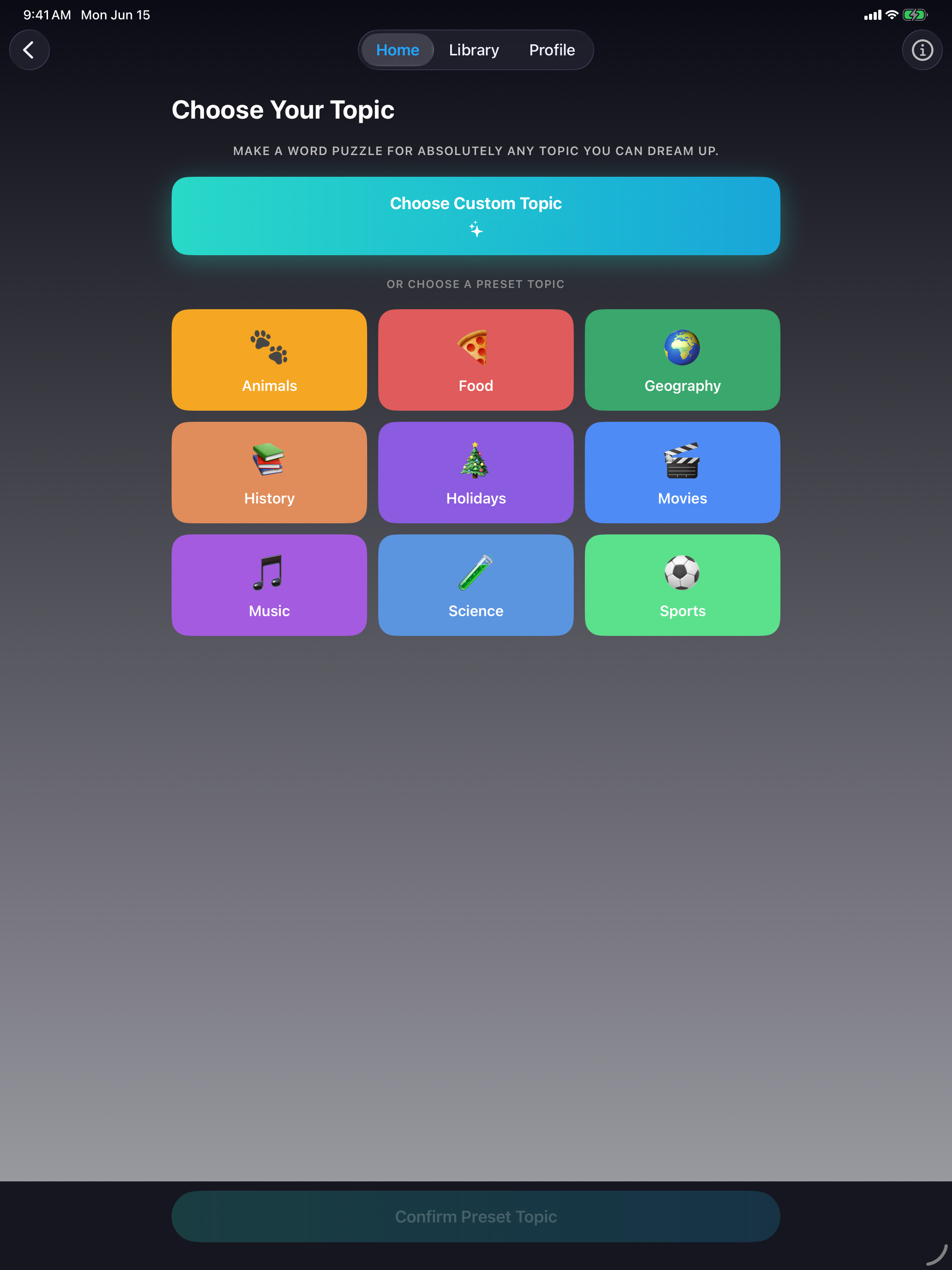 Choosing a puzzle topic on iPad