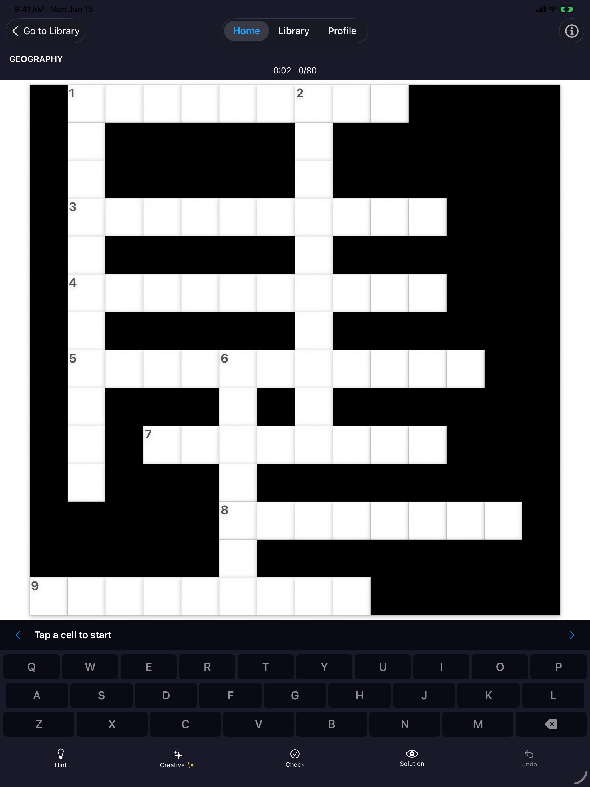 Solving a crossword puzzle on iPad