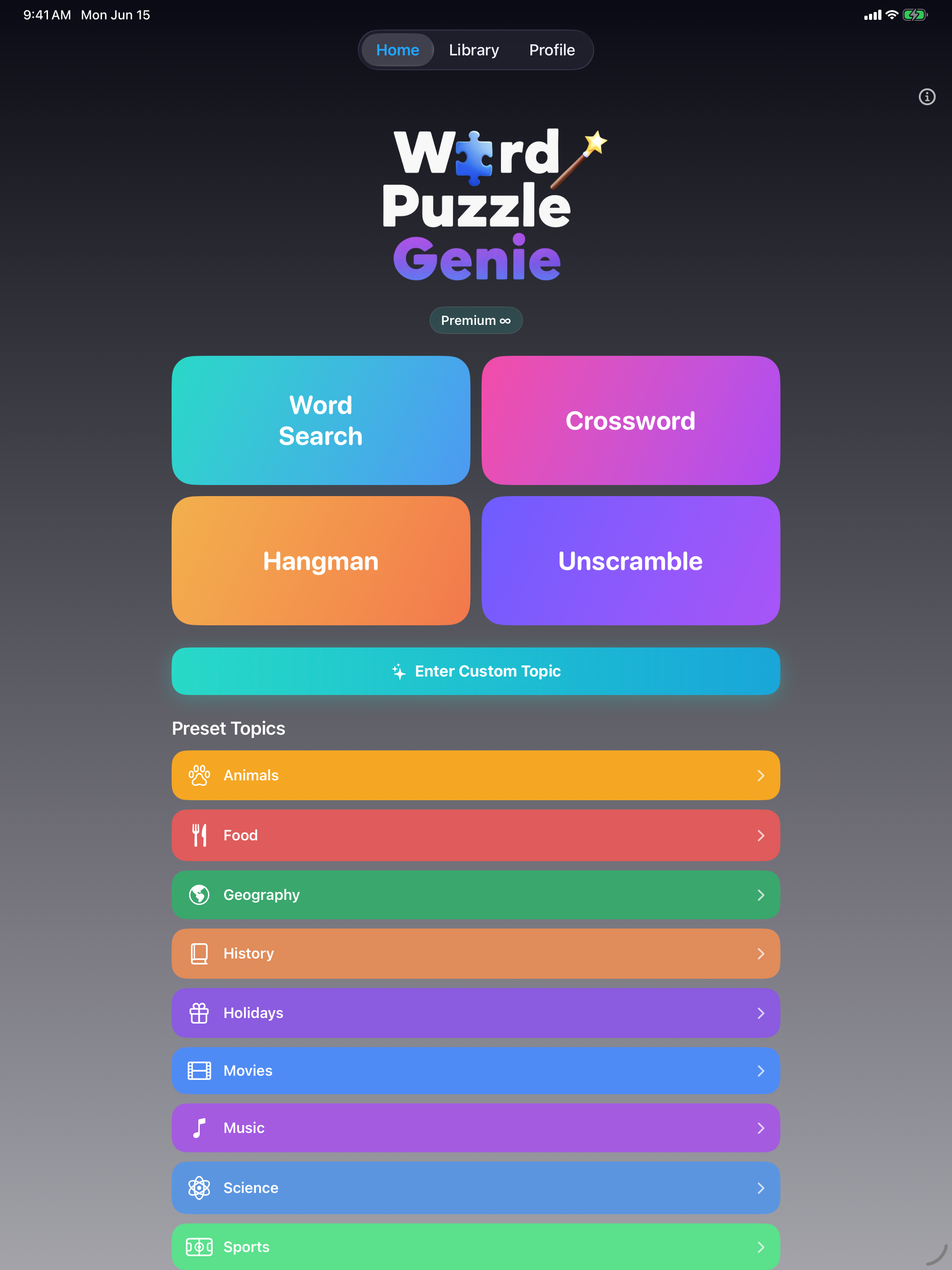 Home screen with curated puzzle themes on iPad