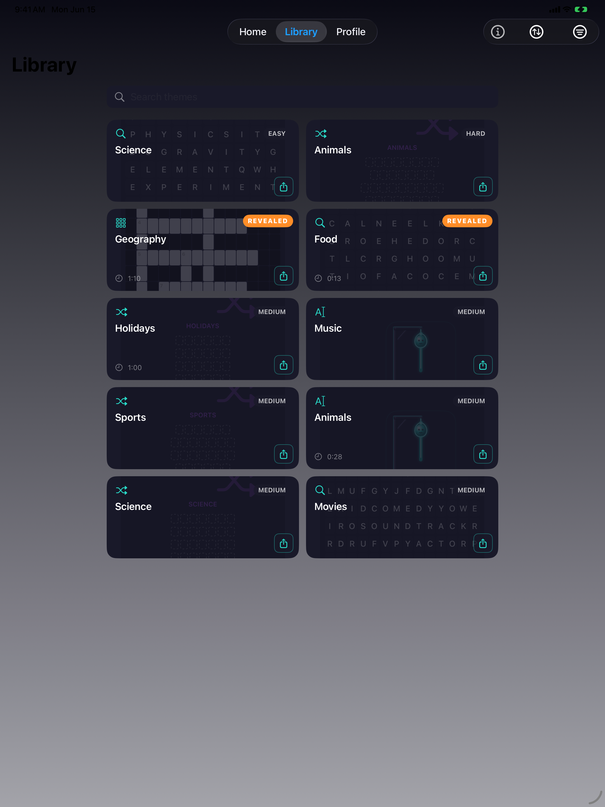 Library of saved puzzles on iPad