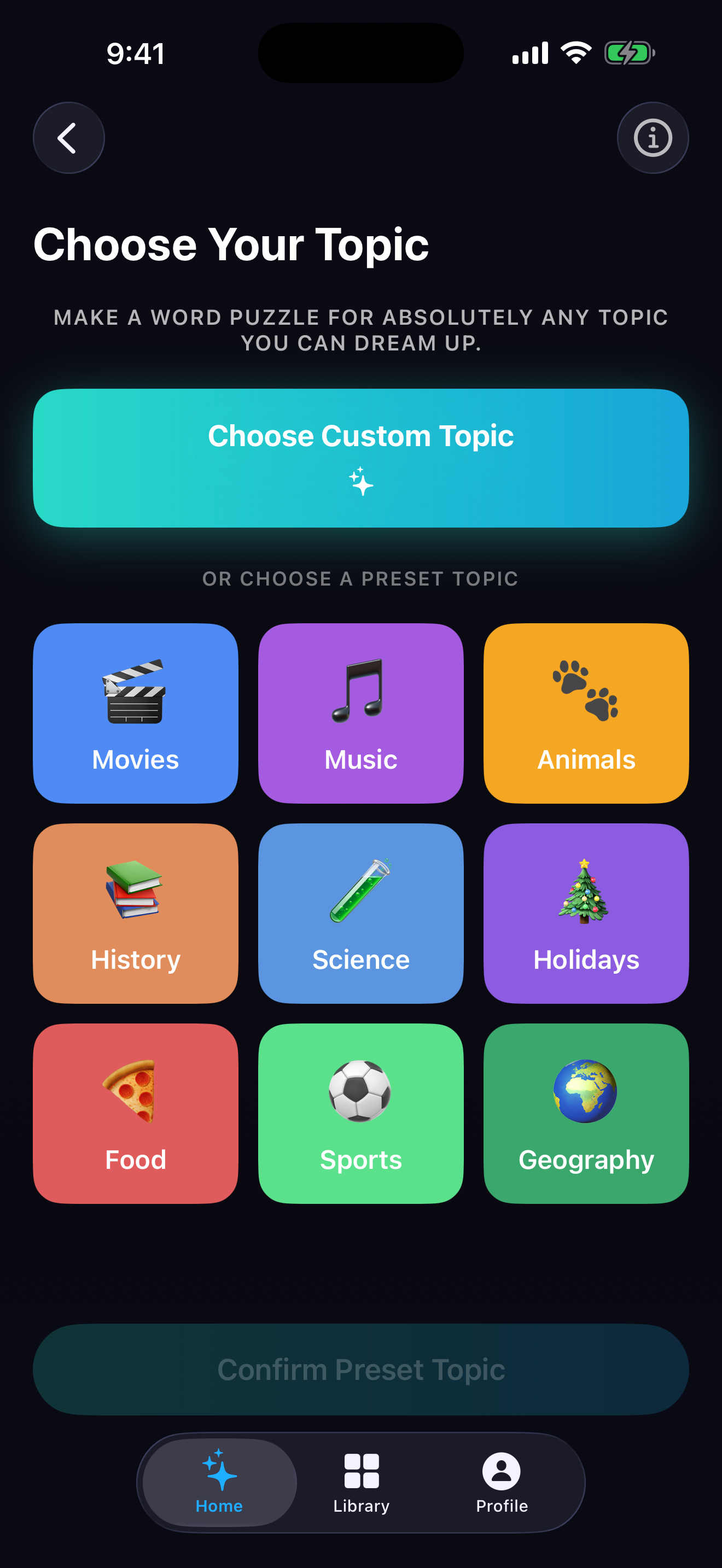 Choosing a puzzle topic on iPhone