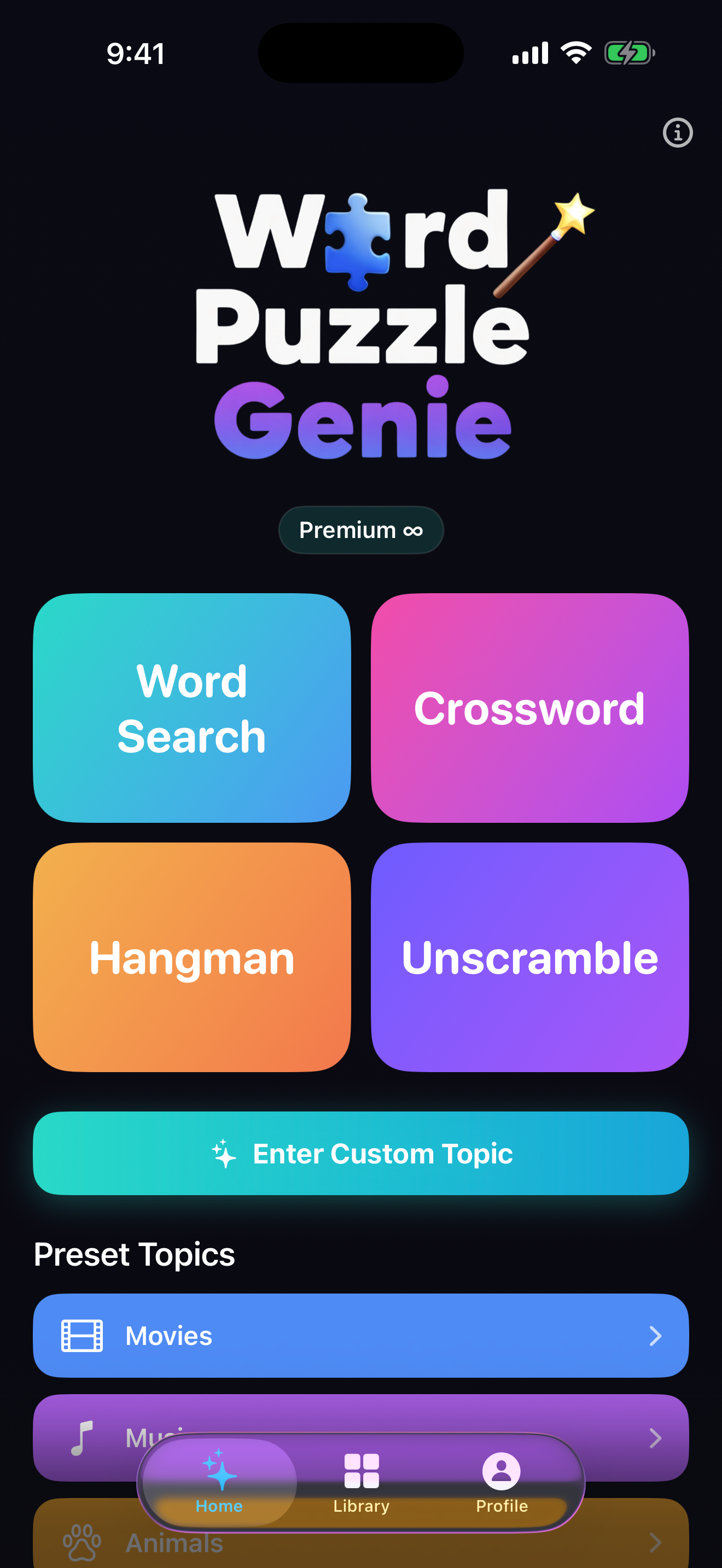 Home screen with curated puzzle themes on iPhone