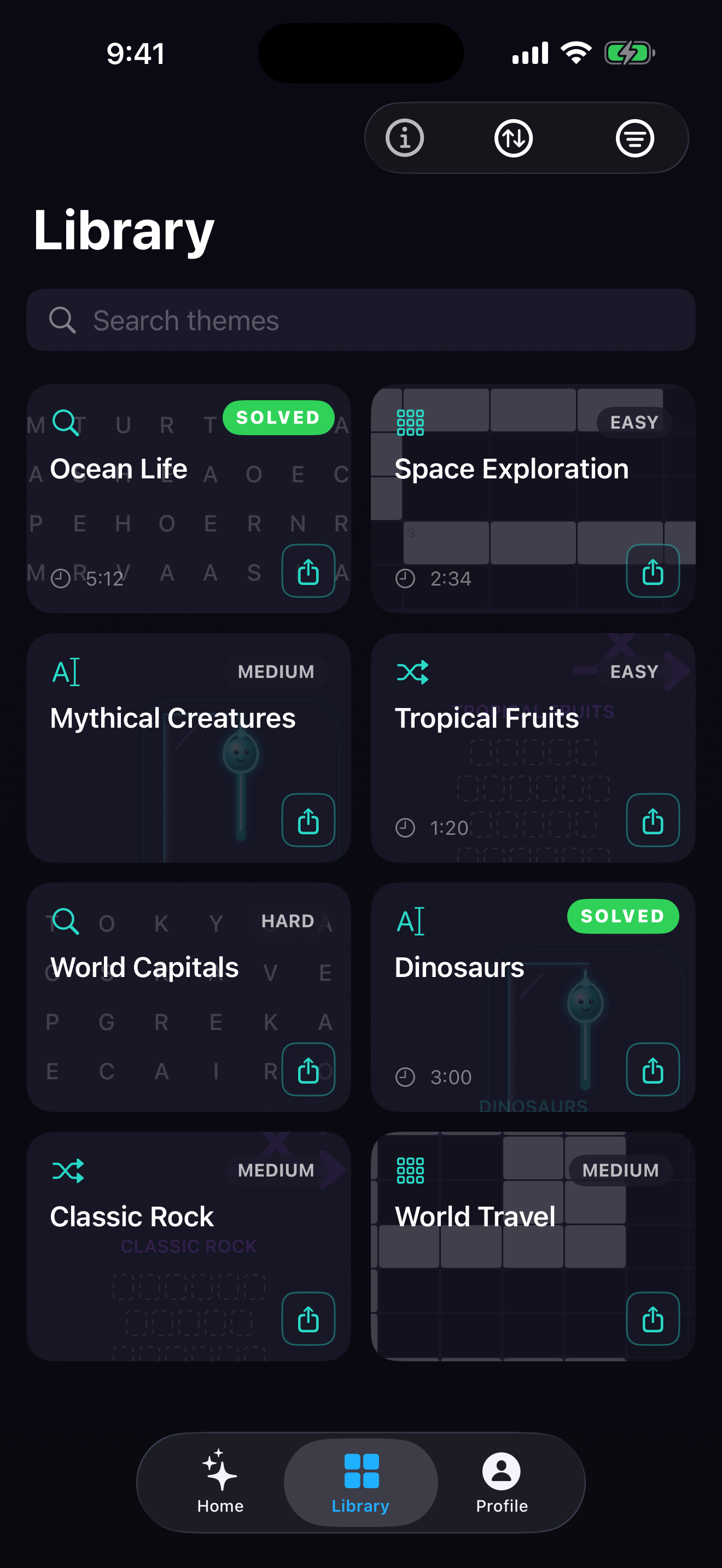 Library of saved puzzles on iPhone