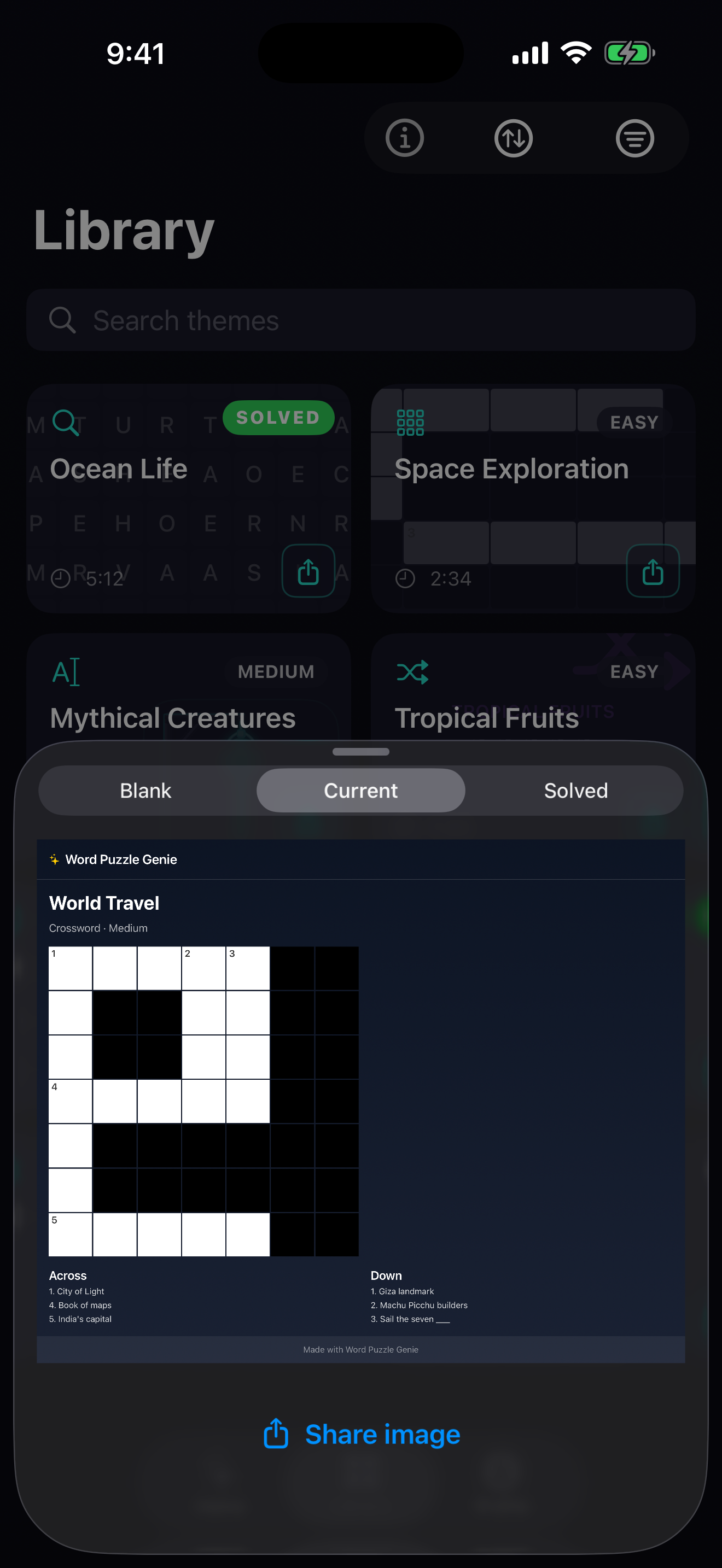 Sharing a finished puzzle from the library on iPhone